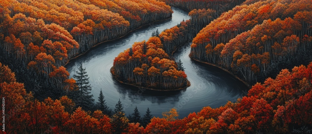 A painting of a river with trees on either side