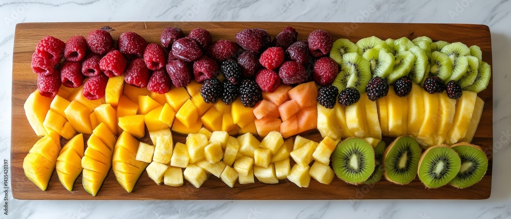 A wooden tray with a variety of fruits including kiwi, mango, and raspberries