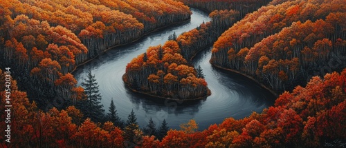 Obraz na płótnie A painting of a river with trees on either side w salonie