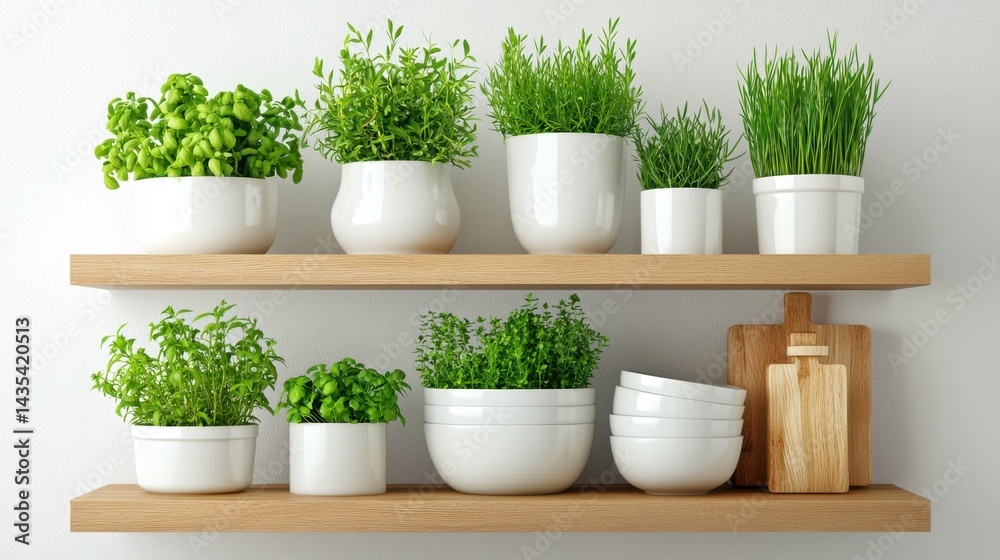 Fototapeta premium Fresh sustainable kitchen interior with green herbs on wooden shelves, white decor