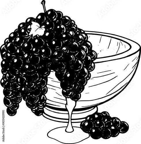 Purple Grapes Cascading Into Wooden Bowl With Juice Drip Isolated On Cartoon S