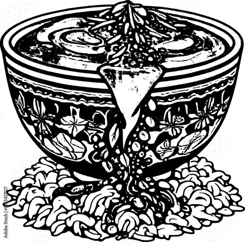 Decorative Bowl Overflowing With Blue Liquid and Colorful Seeds on White Surface