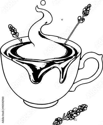Whimsical Tea Cup With Purple Liquid Swirling Vapor And Lavender Sprigs On A White Background