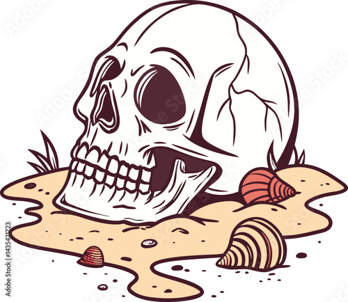 Weathered skull on sandy beach with seashells t shirt design vector images