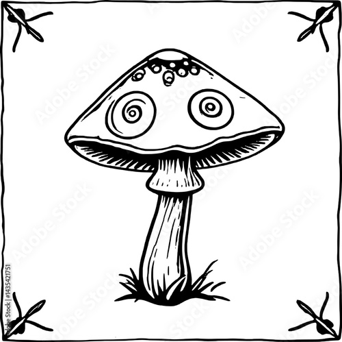 Stylized Purple Mushroom With Spiral Eyes And Decorative Border On A Light Purple Background