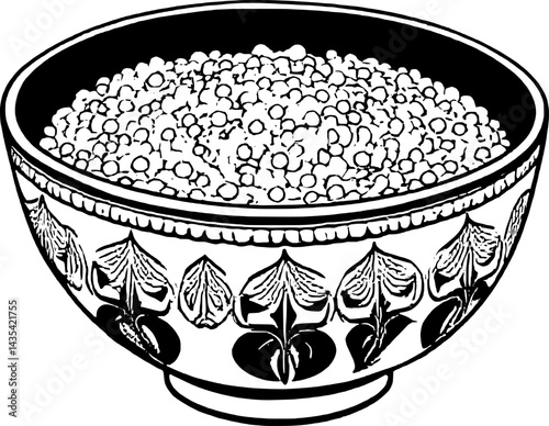 Decorative Bowl Filled With Golden Lentils On A Yellow Circular Surface Isolated On White