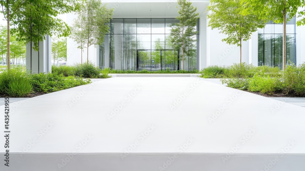 Fototapeta premium Modern Building Entrance Lush Landscaping Bright Minimalist Style High-Resolution Natural Light Ground Level View Clean Lines Tranquil Scene Greenery Backdrop Cool Neutral Tones Architectural Design