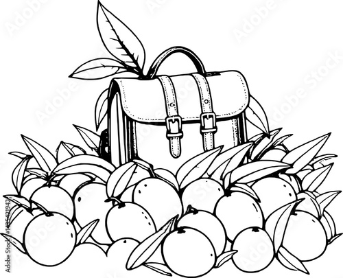 Stylized Briefcase Sitting Atop a Mound of Citrus Fruit with Leaves in Black and White