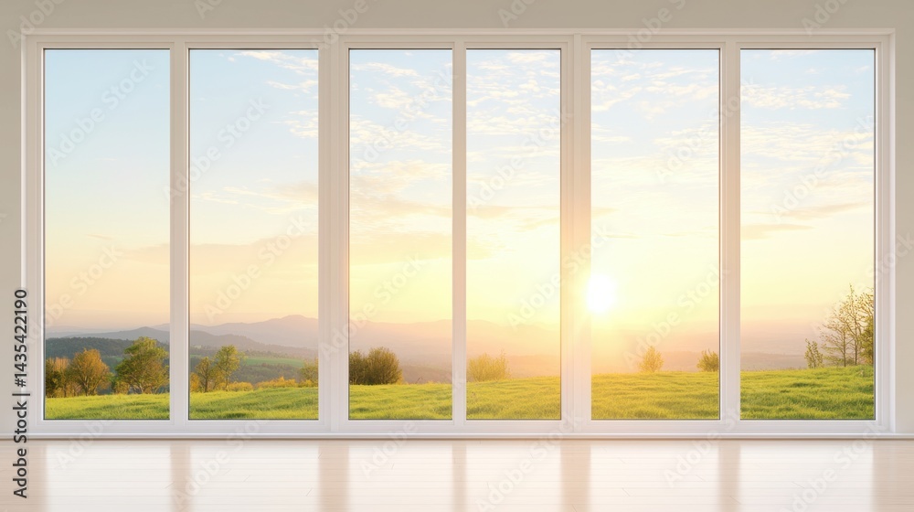 A serene view of a sunrise over a lush green field. A serene view of a sunrise over a lush green field.
