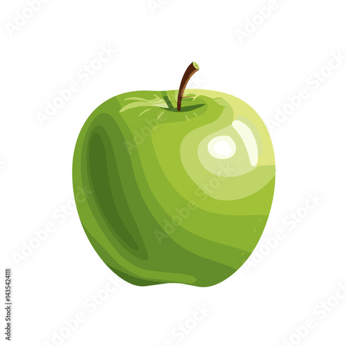 Shiny green apple with a stem in a vibrant and glossy illustration style
