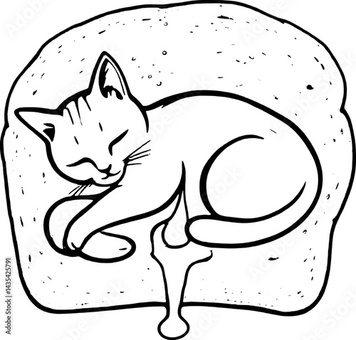Cartoon Cat Sleeping Peacefully on a Slice of Bread with Dripping Honey Illustration