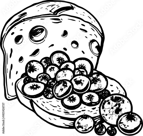 Stylized Bread Slice Filled With Red Berries And Sliced Fruits Black And White Outlines