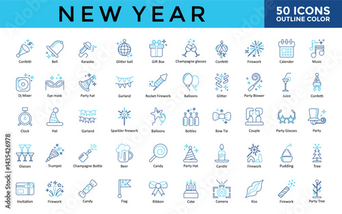 New Year icons set with confetti, bell, karaoke, glitter ball, gift box, champagne glasses, firework, calender, music icon. Simple outline color vector 
