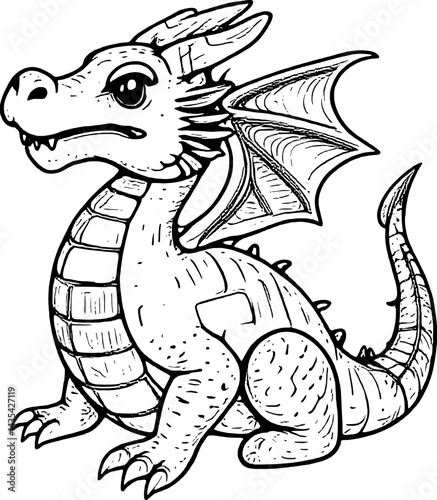 Cartoon Dragon Sitting With Wings Spikes And Scales In Black And White Line Art Illustration