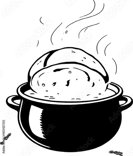 Steaming Round Loaf In Black Pot With Lavender Sprigs Monochrome Culinary Illustration
