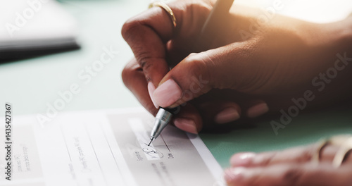 Принти на полотні Hands, document and woman with signature on contract for insurance policy, title deed and compliance agreement