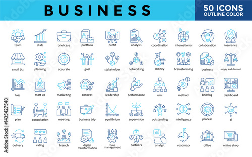 Business icons set with team, stats, briefcase, portfolio, profit, analysis, coordination, international, collaboration, insurance icon. Simple outline color vector 
