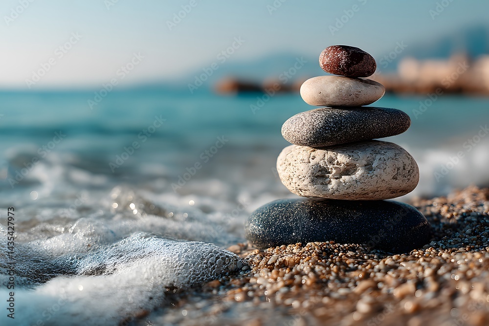 Fototapeta premium Serene Beach Rocks Stacked in Balance near Ocean Waves