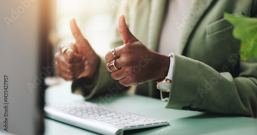 Obraz na płótnie Thumbs up, computer and hands of businesswoman in office with approval for investment. Closeup, agreement and female financial advisor with satisfaction gesture or emoji for profit in workplace. w salonie