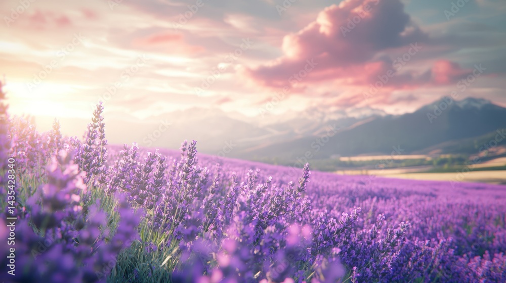 Naklejka premium A serene lavender field at sunset with mountains in the background.