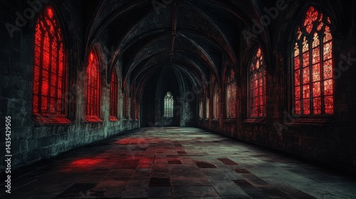 A desolate Gothic cloister, tall windows glowing red and casting faint light on the aged stone floors 