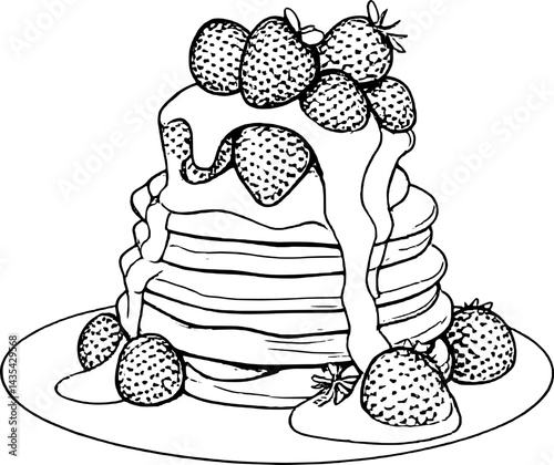 Stack Of Pancakes With Fresh Strawberries And Golden Syrup Drizzled On Top Isolated On White