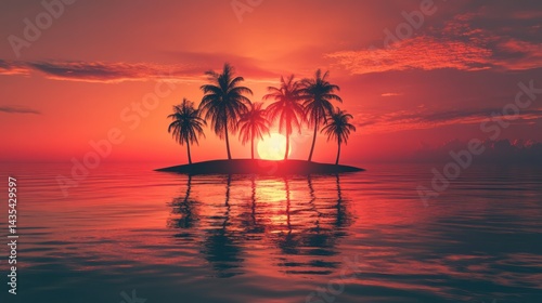 A serene sunset over a tropical island with palm trees reflected in calm waters.