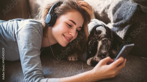 Relaxing girl at new real estate apartment home using mobile phone online app. 