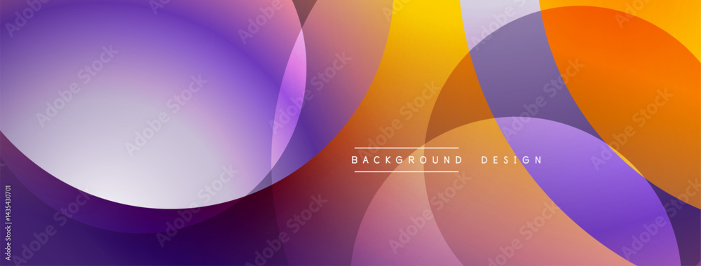 Abstract colorful shapes overlap creating dynamic visual flow. Gradient hues blend smoothly, offering modern aesthetic.