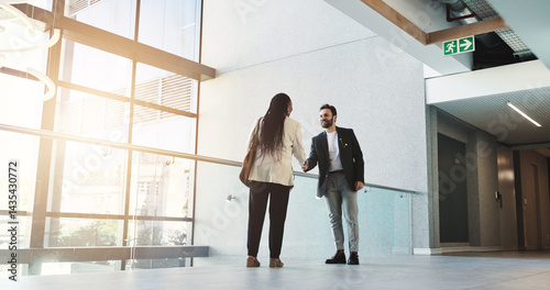 Obraz na płótnie Business people, hiring and handshake in office, recruitment and job interview with onboarding. Employee, candidate and human resources manager in workplace, shaking hands and welcome with b2b deal w salonie
