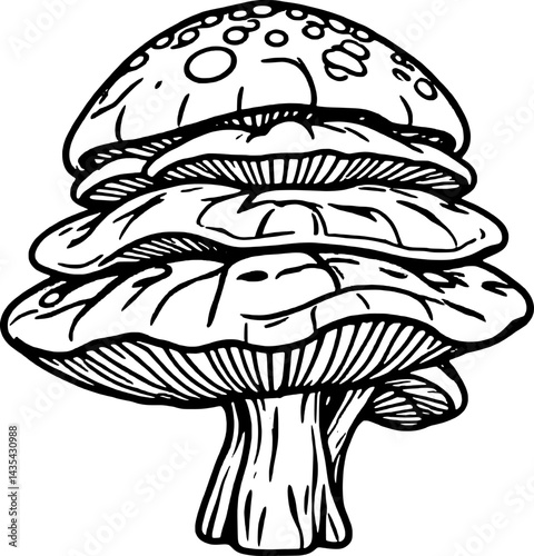 Colorful Stacked Mushroom With Gills And Spots On Fantasy Fungi Art