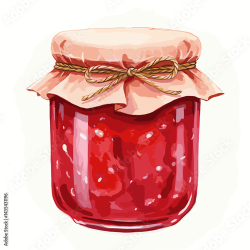 Homemade jam jar with a lid and bow in a charming watercolor illustration style
