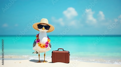 Möwe mit Sonnenhut und Koffer am Strand – Urlaubsstimmung pur