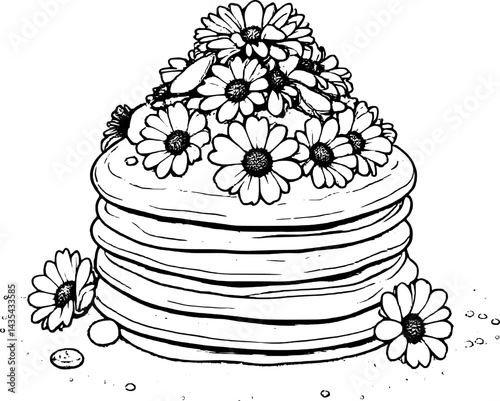 Stack Of Pancakes Decorated With Yellow Flowers And Pink Candy On White Background