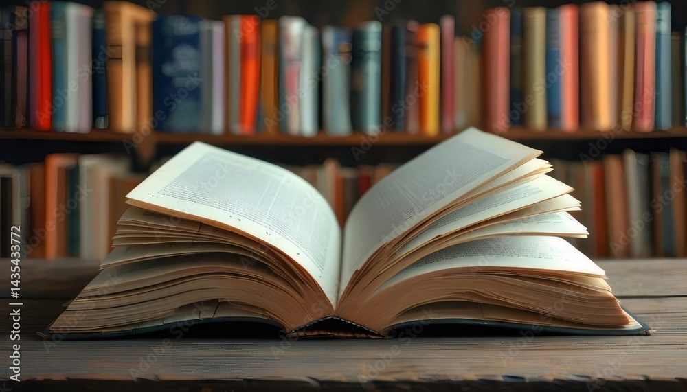 開かれた本が木製テーブルの上に置かれ背景に本棚がある クローズアップ 読書と学習のコンセプト 開かれた本が木製テーブルの上に置かれ背景に本棚がある クローズアップ 読書と学習のコンセプト