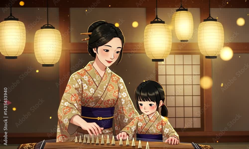 Mother and Child Playing Traditional Japanese Koto Instrument Together in Warm Lit Room Wearing Kimono