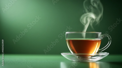A transparent cup of steaming hot tea on a vibrant green surface.