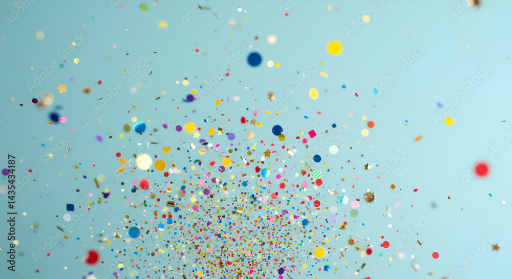 A vibrant explosion of colorful confetti against a soft blue backdrop; capture the joyous chaos of a celebratory burst of shapes and sparkles. A vibrant explosion of colorful confetti against a soft blue backdrop; capture the joyous chaos of a celebratory burst of shapes and sparkles.