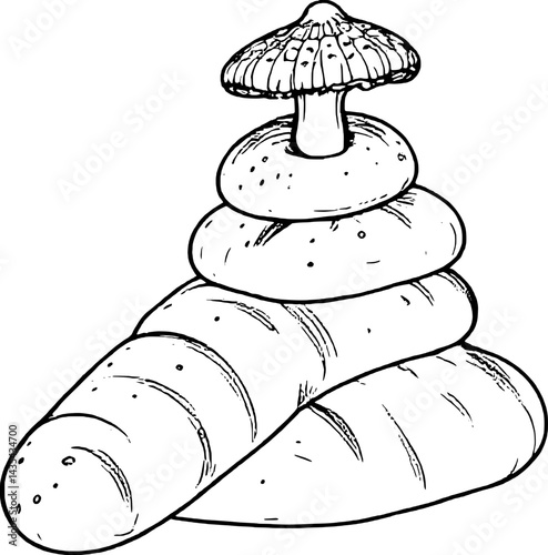 Stacked Food Pyramid Composed of Bread Loaves Bagels and Mushroom in Black and White Outline