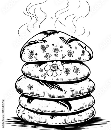 Stack Of Floral Decorated Flatbreads With Rising Steam Black And White Artistic Rendering