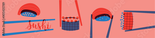Sushi and rolls collection. Decorative abstract horizontal banner with colorful doodles. Hand-drawn modern illustrations with sushi and rolls abstract elements. Asian cuisine	
