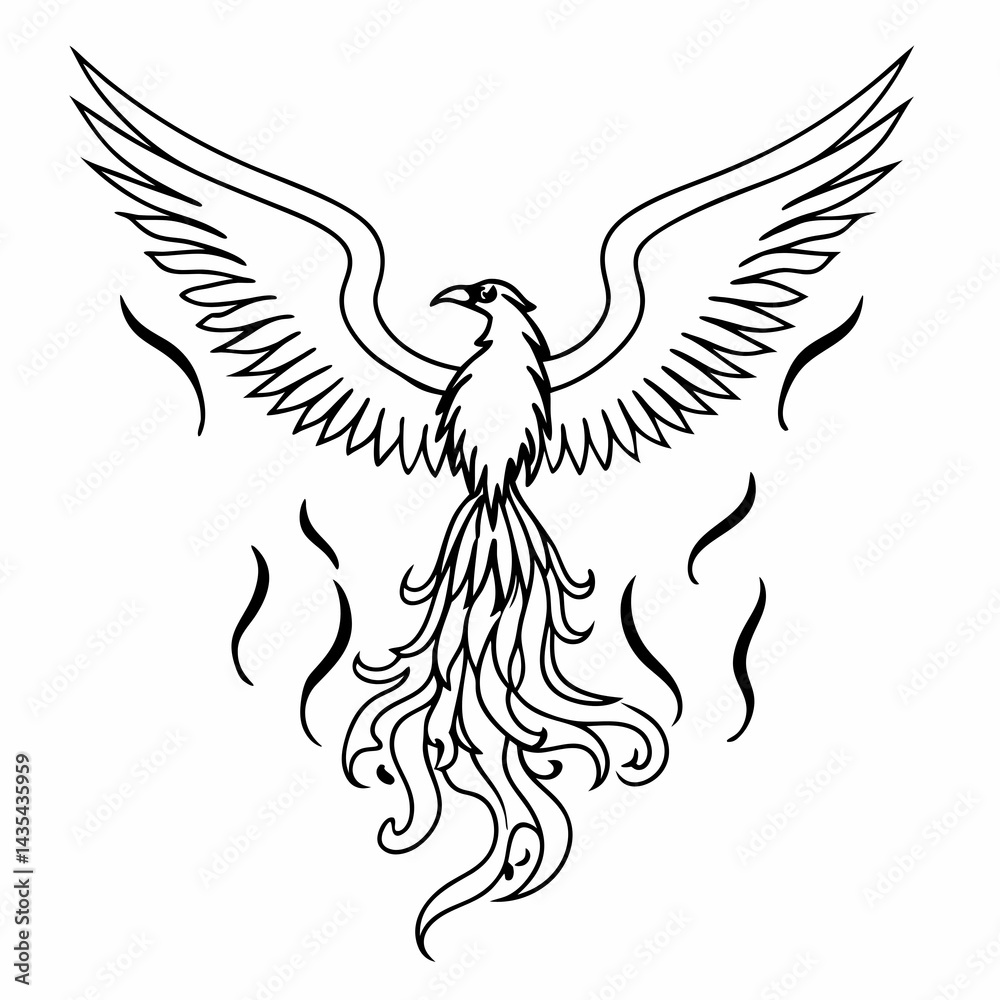 Obraz premium Phoenix ascending with outstretched wings and flames - line art vector illustration in white background
