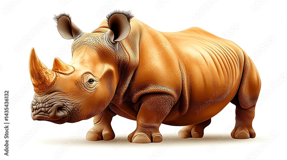 Fototapeta premium A large, light brown rhinoceros stands against a white background