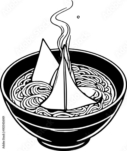 Nautical Noodles A Bowl of Ramen with Sailboat Dumplings Floating on a Sea of Broth