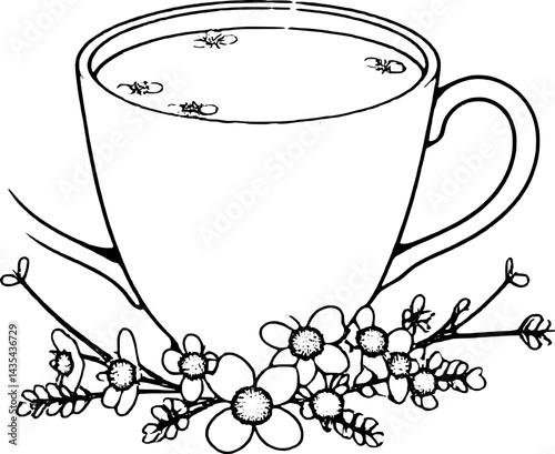 Elegant Outline Drawing Of A Tea Cup Adorned With Delicate Floral Accents And Steaming Liquid