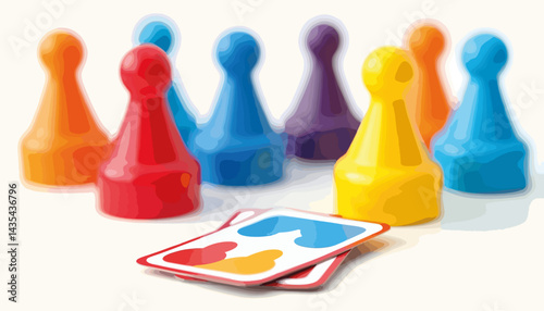 Colorful meeple game pieces and strategy card on plain background, fun gaming concept