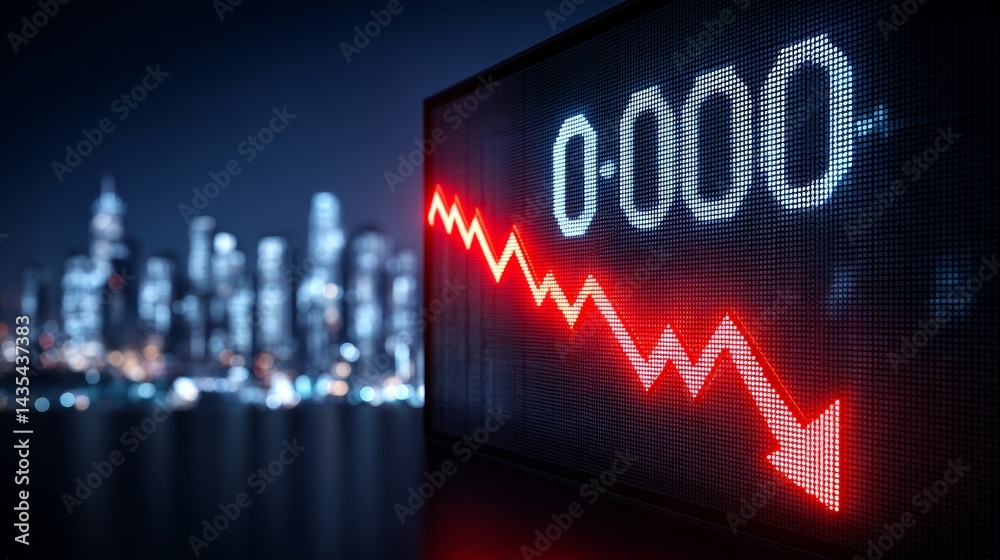 Fototapeta premium Display Showing Falling Interest Rates - Financial crisis, economic downturn, decreasing rates, market decline, investment risk. Symbolizing instability, uncertainty, and potential loss