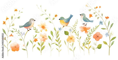 PNG Birds with flowers as divider watercolor graphics painting pattern.