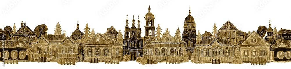 Obraz premium Seamless border pattern of fairy tale wooden houses street, churches, trees. Hand drawn golden sketch on a white background