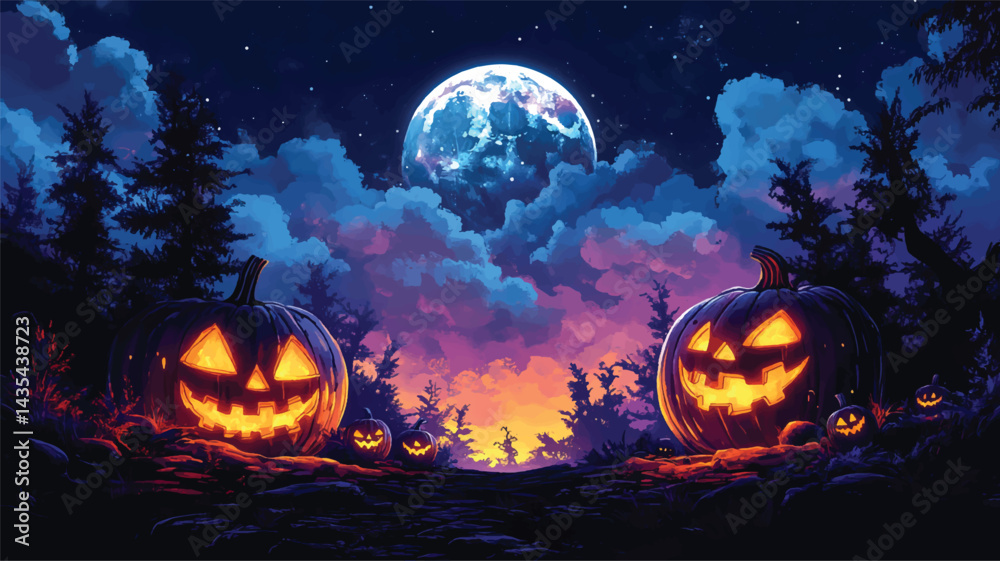 Fototapeta premium Glowing Pumpkins under Starry Sky